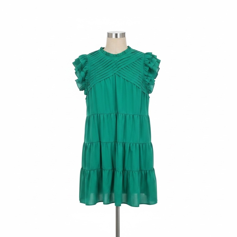 Entro Green Tiered Ruffle Mini Dress Pleated Bodice Medium